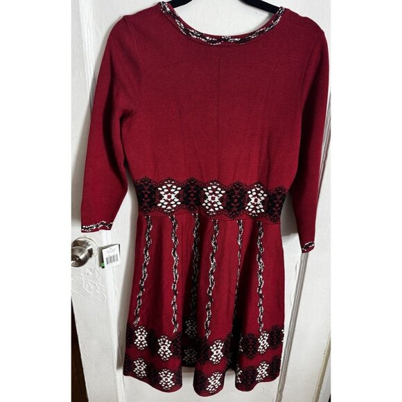Taylor sz L Jacquard Sweater Dress Fit & Flare CUTE Red Floral Holiday NWT Knit - Picture 3 of 9